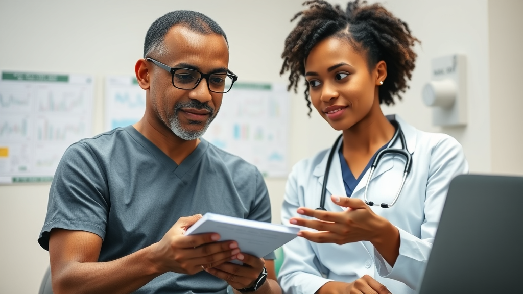 Diverse patient and care provider discussing chronic disease management collaboratively in a well-lit exam room