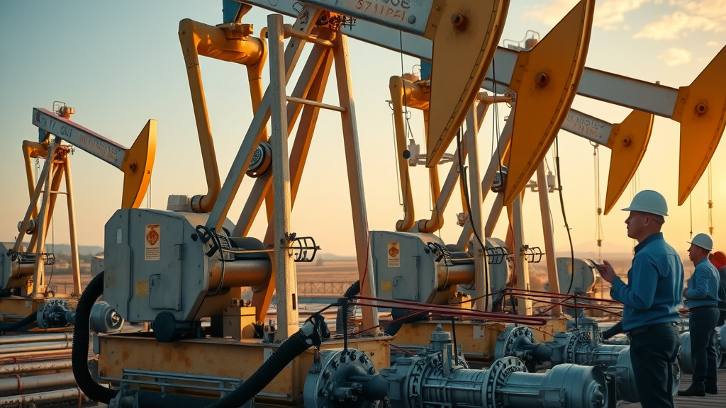 cutting-edge oil rig machinery with advanced artificial lift systems and oilfield engineers inspecting