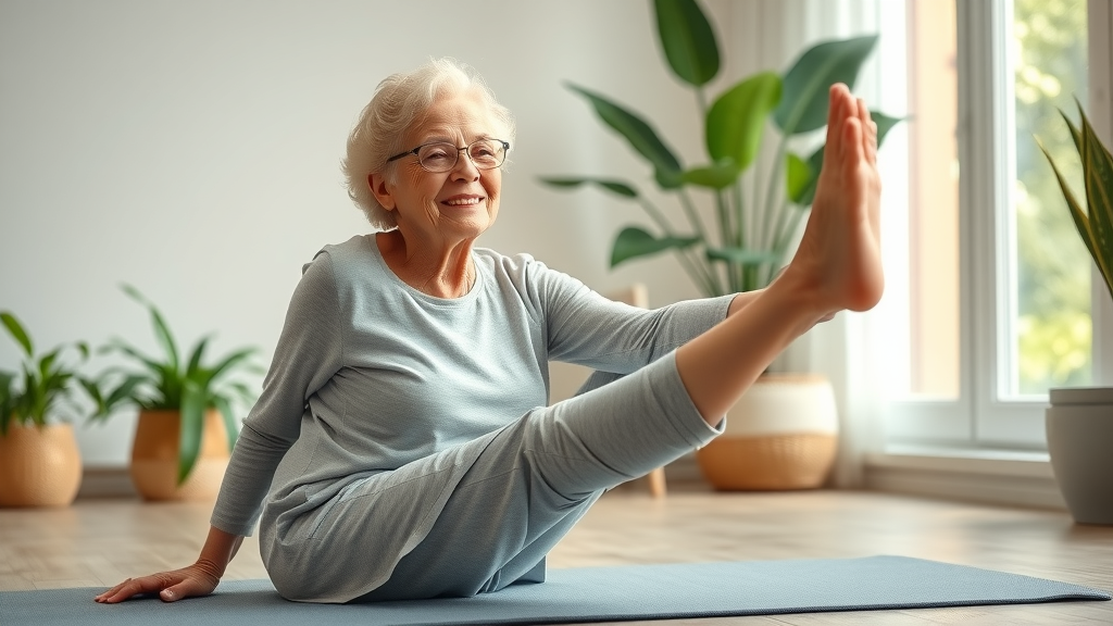 active elderly woman pain-free doing yoga after regenerative health therapy