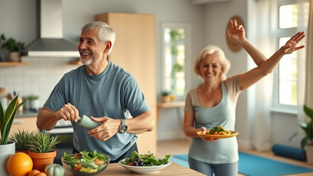 Motivated senior man and woman preparing healthy meals and exercising together in a bright home setting, emphasizing active chronic disease management