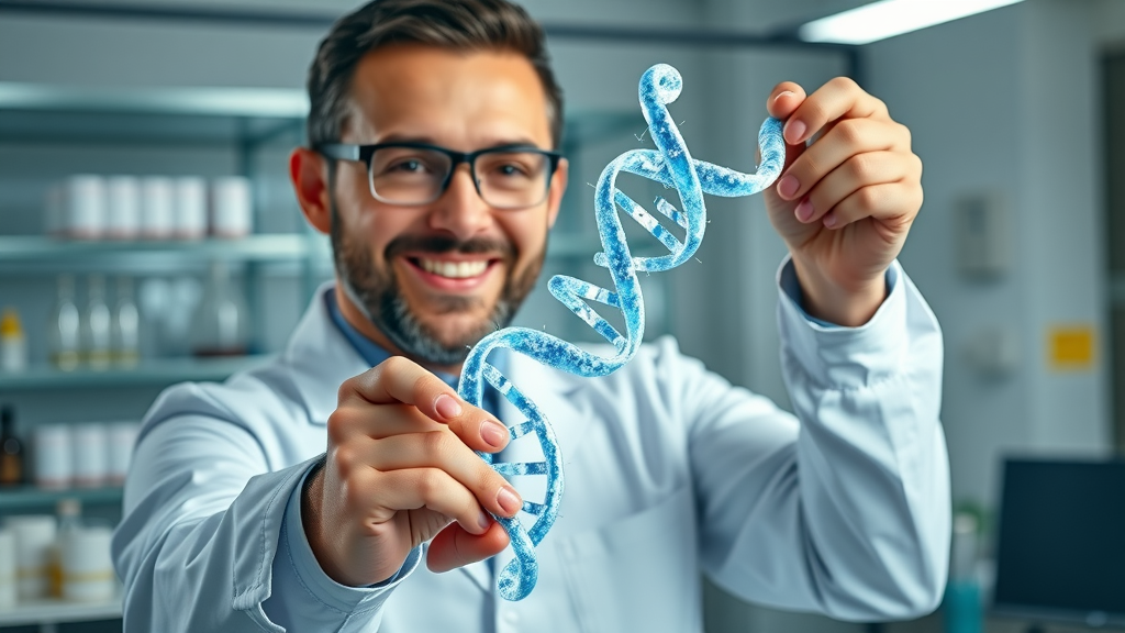 scientist holding DNA model, symbolizing innovation in DNA and biological repair technologies