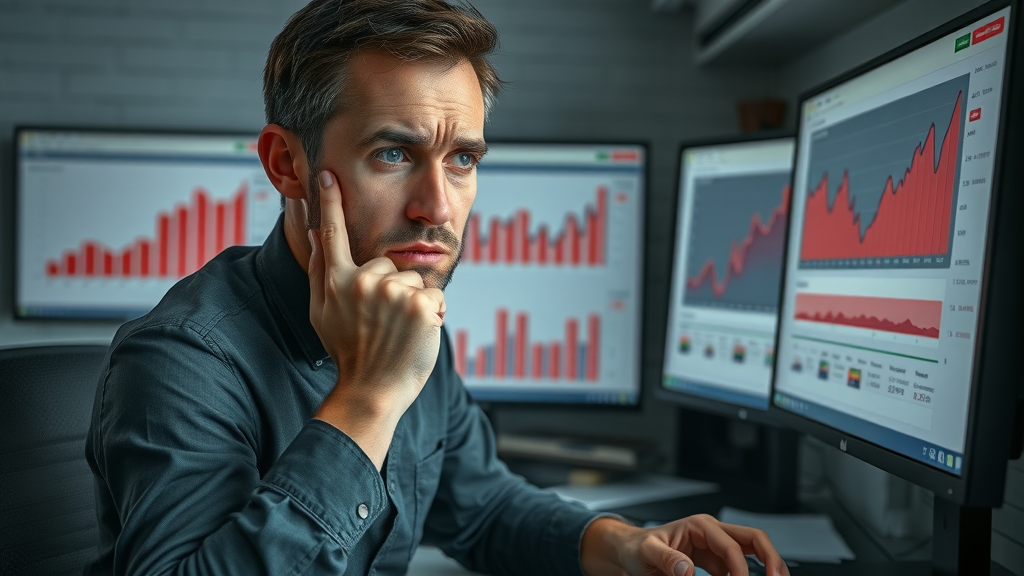 Disappointed marketer viewing bad SEO metrics on desktop with warning graphs