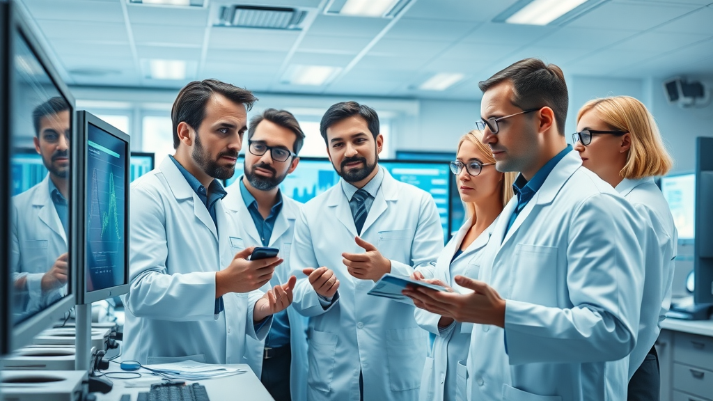 scientists analyzing stem cell research data, clinical trials and therapy results discussion