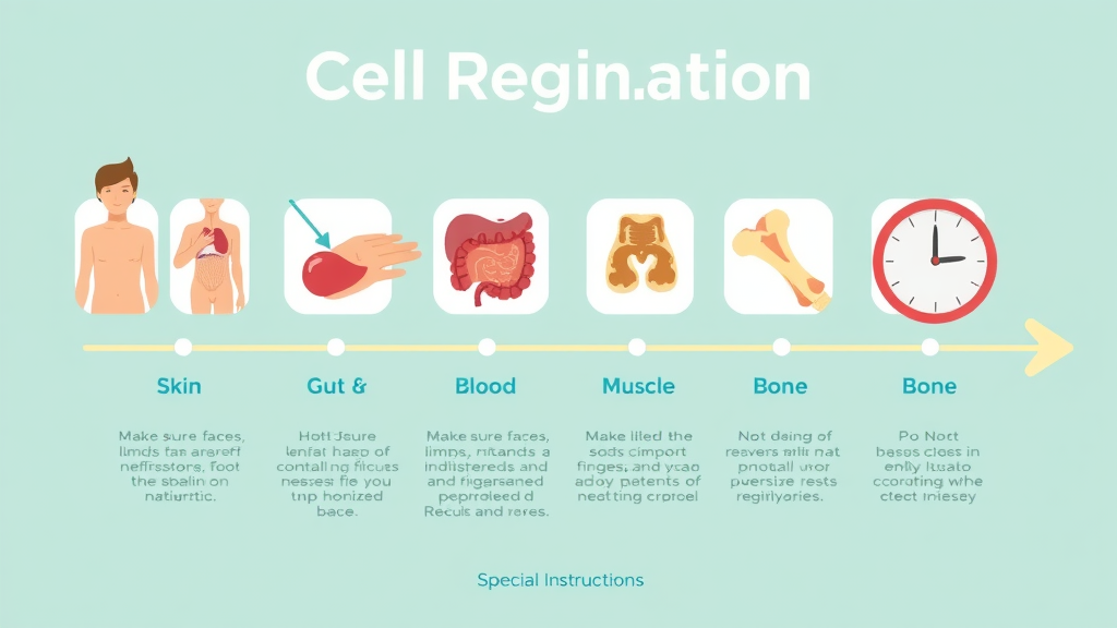 cell regeneration timelines, skin gut blood muscle bone regeneration, illustrated icons, timeline infographic