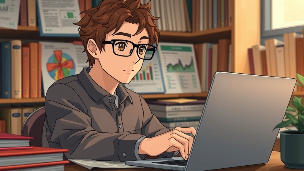 Beginner SEO content writer researching for blog post with data and books