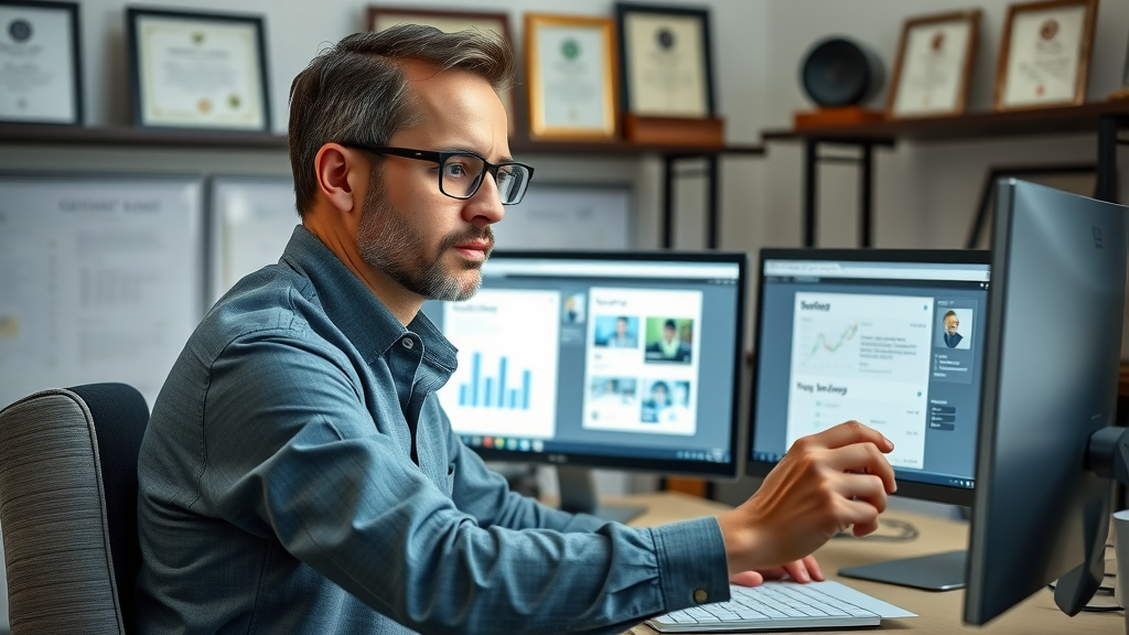 Meticulous content manager evaluating blog writing service portfolios for SEO expertise