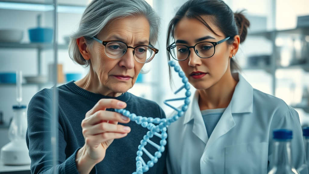 elderly and young adult examining DNA model in laboratory, highlighting biological repair