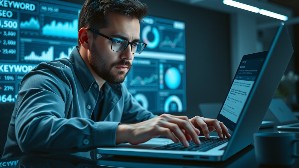 keyword research for content optimization with digital analytics tools on laptop