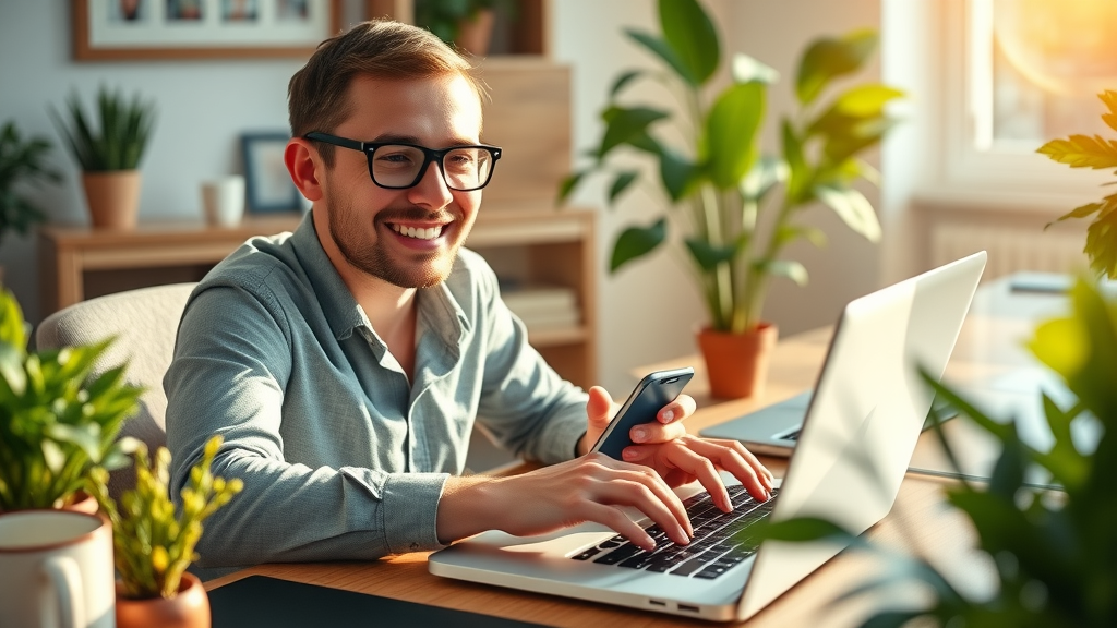 Social media manager using laptop and smartphone to interact with followers