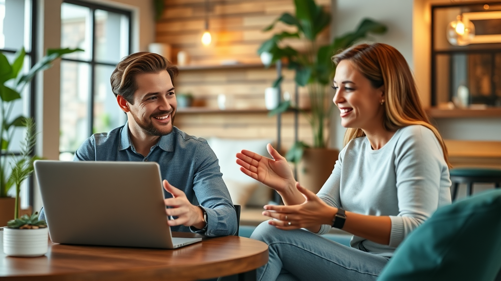 Collaborative meeting between brand manager and freelance blog writer, sharing feedback remotely