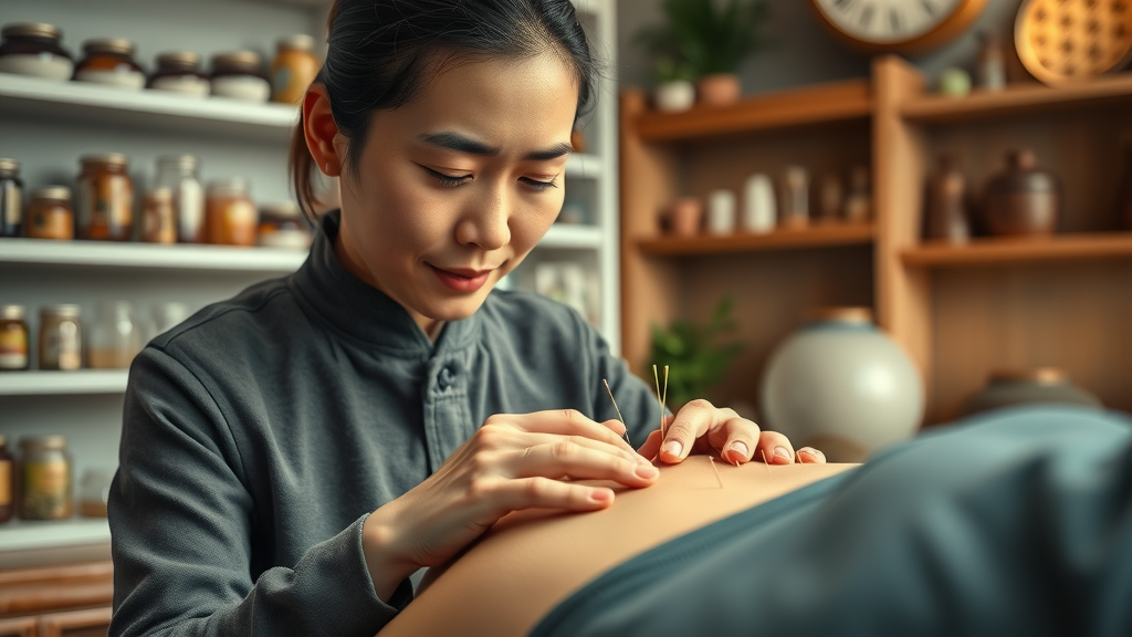 Acupuncturist performing acupuncture in a traditional Chinese medicine clinic