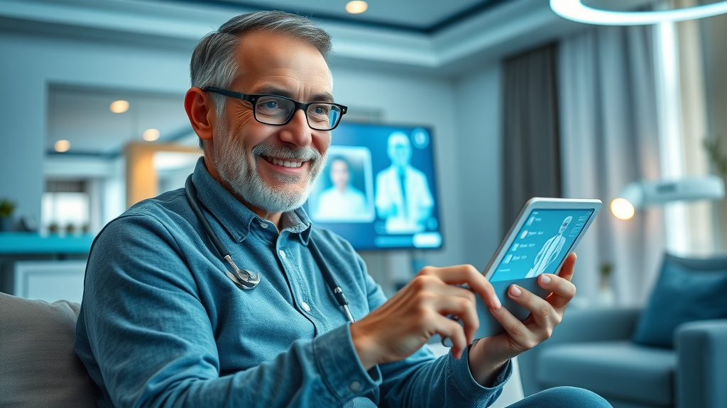 Confident patient using telemedicine and health apps to manage chronic disease, interacting with a virtual care provider in a modern, tech-enabled space