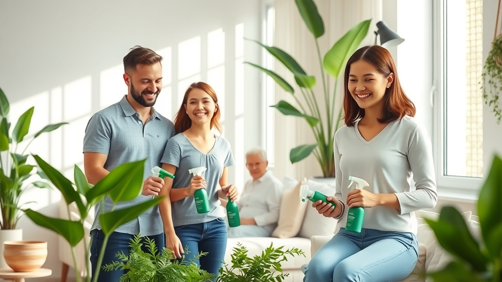 modern family using eco-friendly non-toxic cleaning products for healthier home