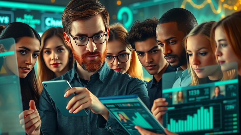 Diverse marketing professionals researching digital analytics and audience personas