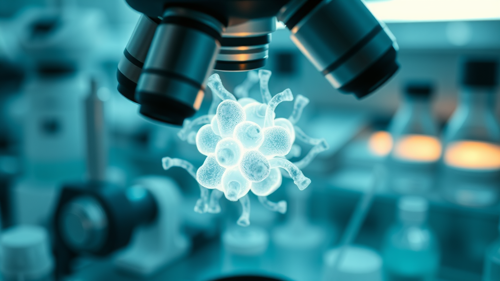 detailed stem cells under microscope, cell therapy and research, regenerative medicine context
