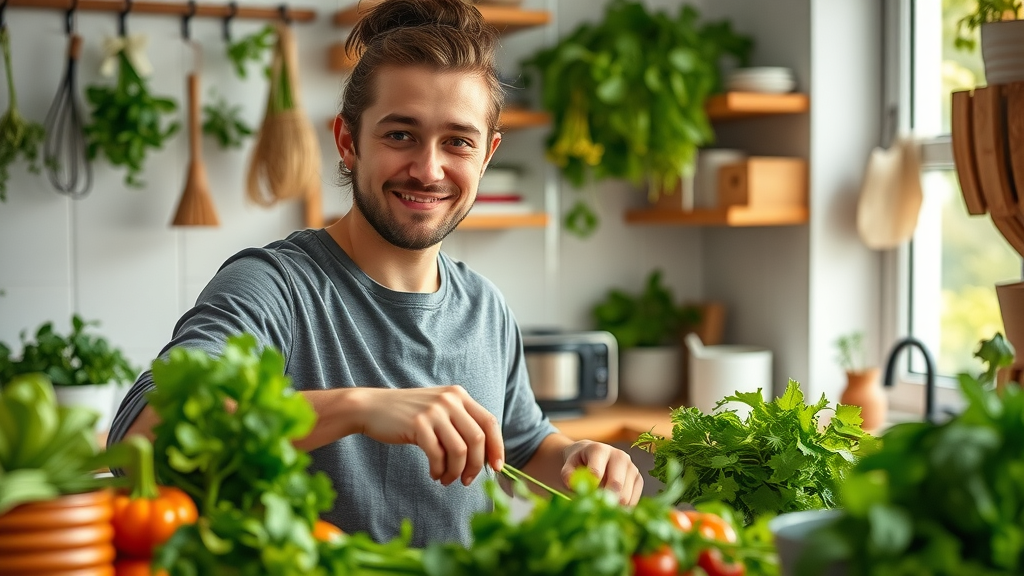 confident individual meal-prepping vibrant plant foods in a cheerful kitchen, providing practical inspiration for plant-based healing