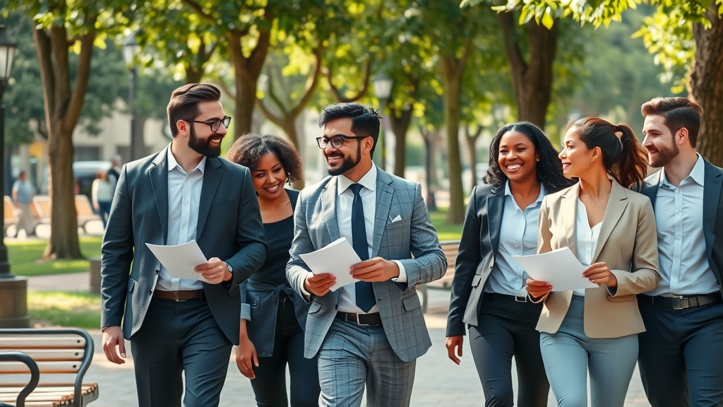 Workplace walking meeting promoting daily wellness tips