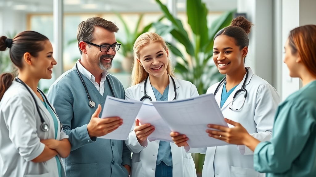 optimistic healthcare professionals discussing patient recovery charts in a modern clinic with greenery, showcasing plant-based healing and public health