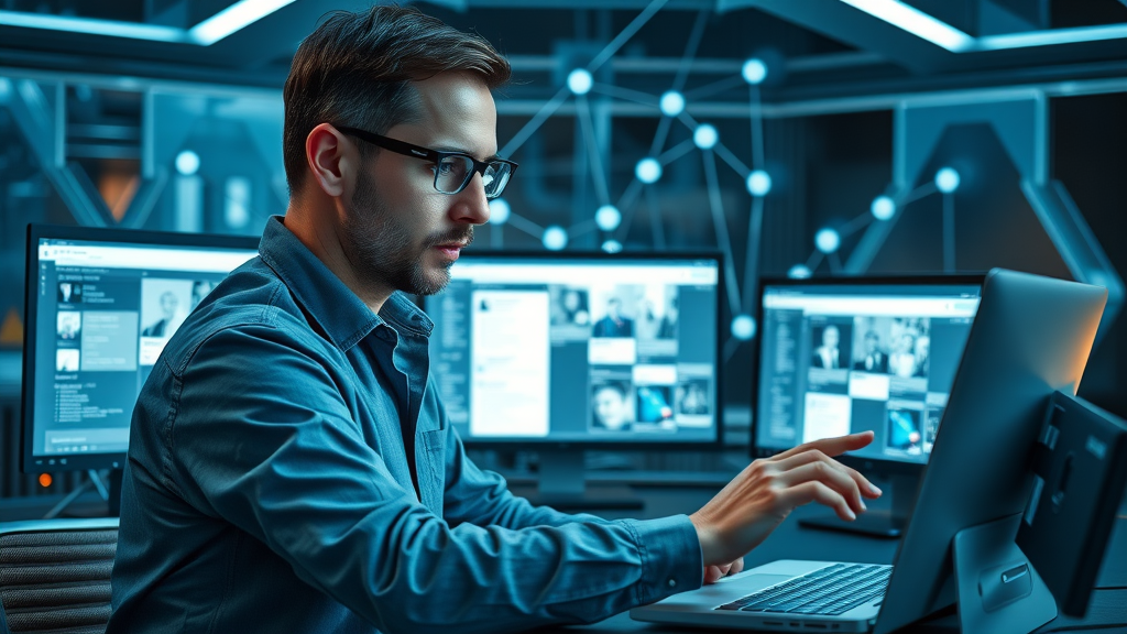 Social media manager planning multi-platform posts using a high-tech workflow and content calendar