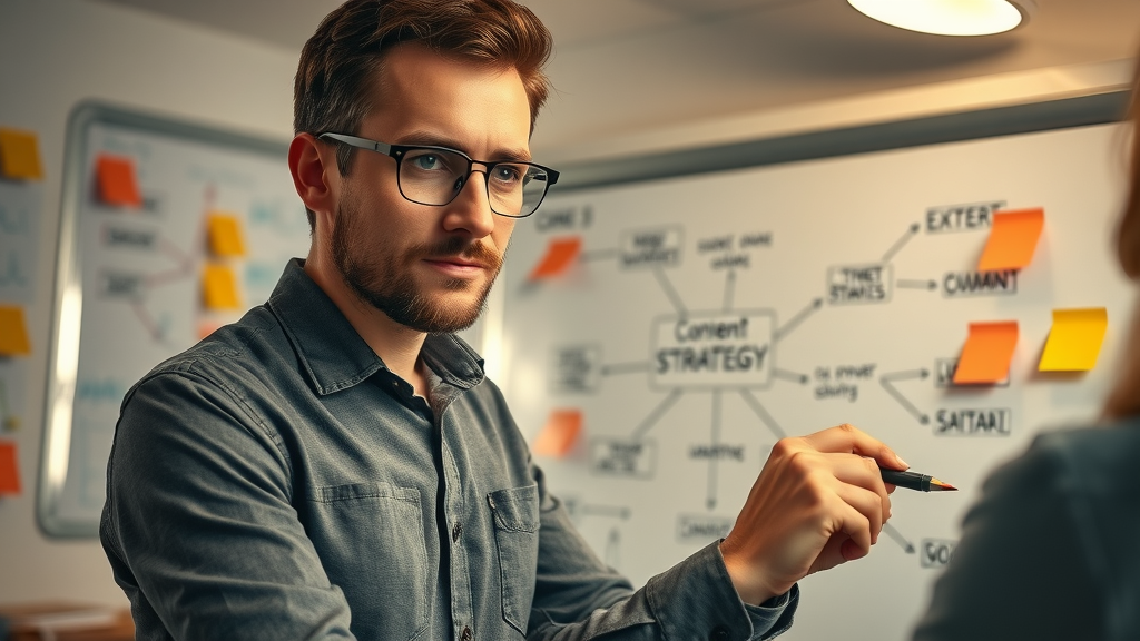 digital marketer strategizing website content development, content strategy mindmap, SEO and social media integration