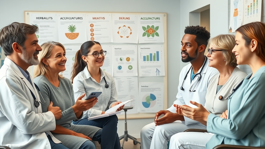 Natural health remedies infographic: Adults consulting herbalists and acupuncturists in a clinic conversations, wellness charts and icons, high fidelity, united states