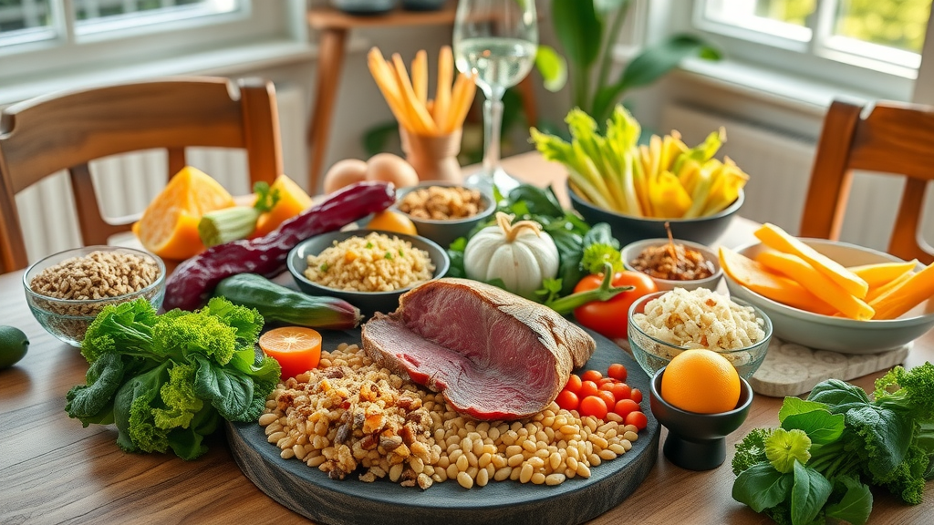still-life of diverse plant-based meal and small cuts of red meat plus processed foods, visually comparing their impact on recovery and public health