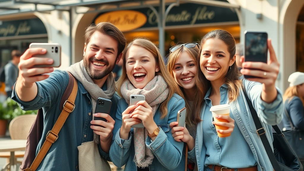 Joyful customers taking photos with products and sharing user-generated content on social media