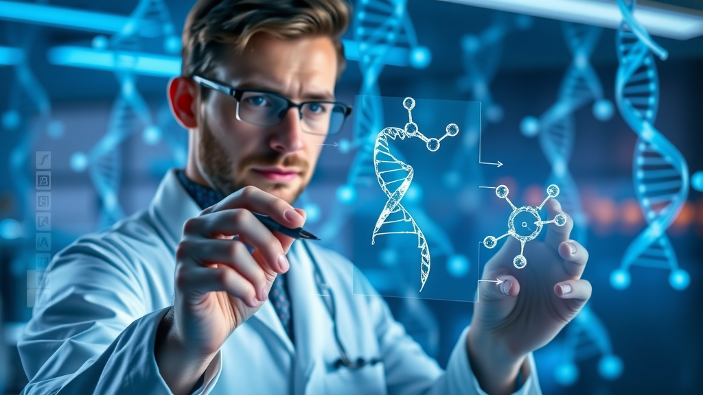 cell biology researcher sketching molecular structure for regenerative medicine in highly detailed laboratory
