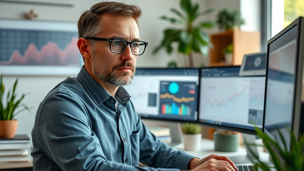 SEO expert analyzing website content development performance, search engine ranking metrics on digital displays
