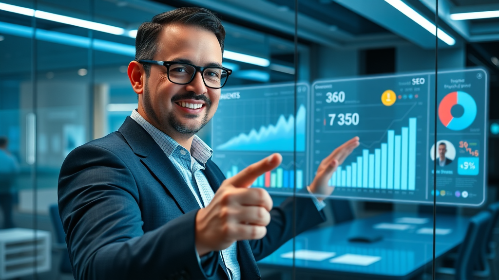 Brand strategist using touchscreen to show SEO content growth for blog posts