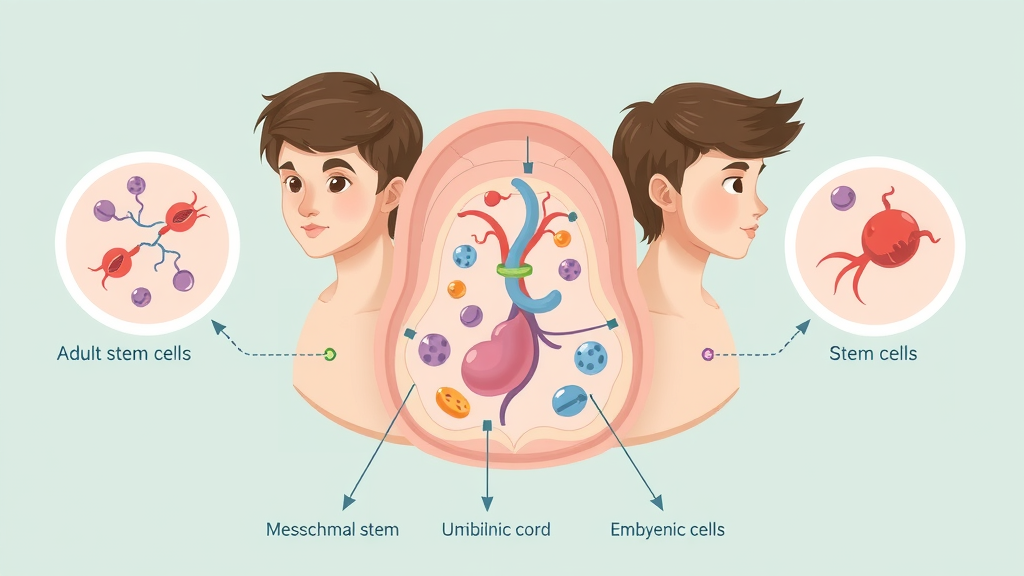 cell type illustration: adult stem cells, mesenchymal stem cells, umbilical cord, and embryonic stem cells for cell therapy and transplants