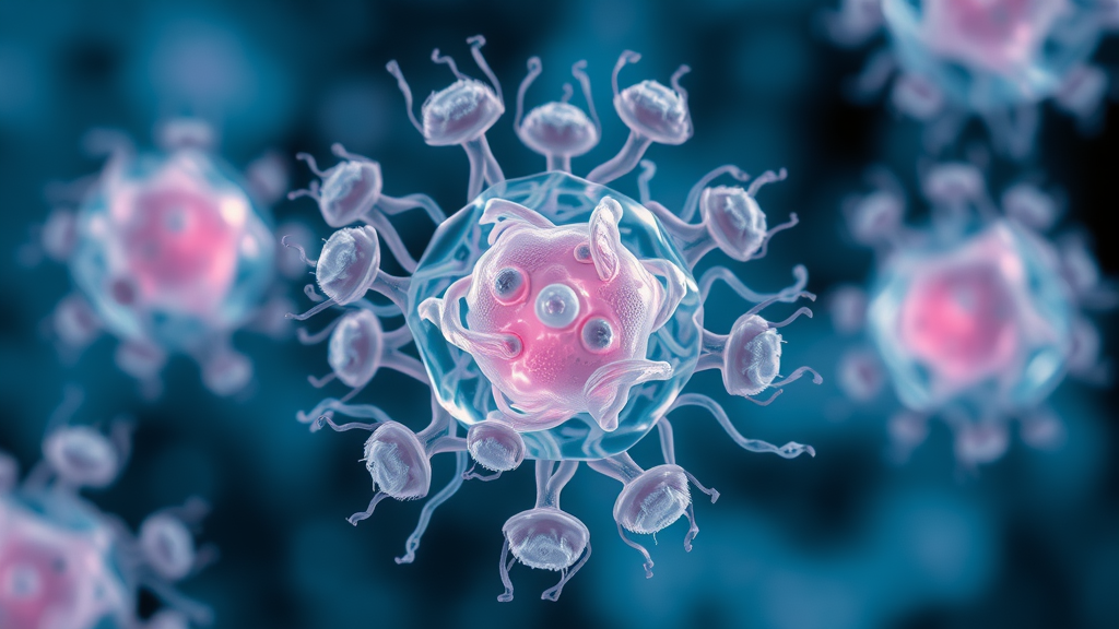 high detail stem cell surrounded by daughter cells, stem cells, cell regeneration, glowing cell structures