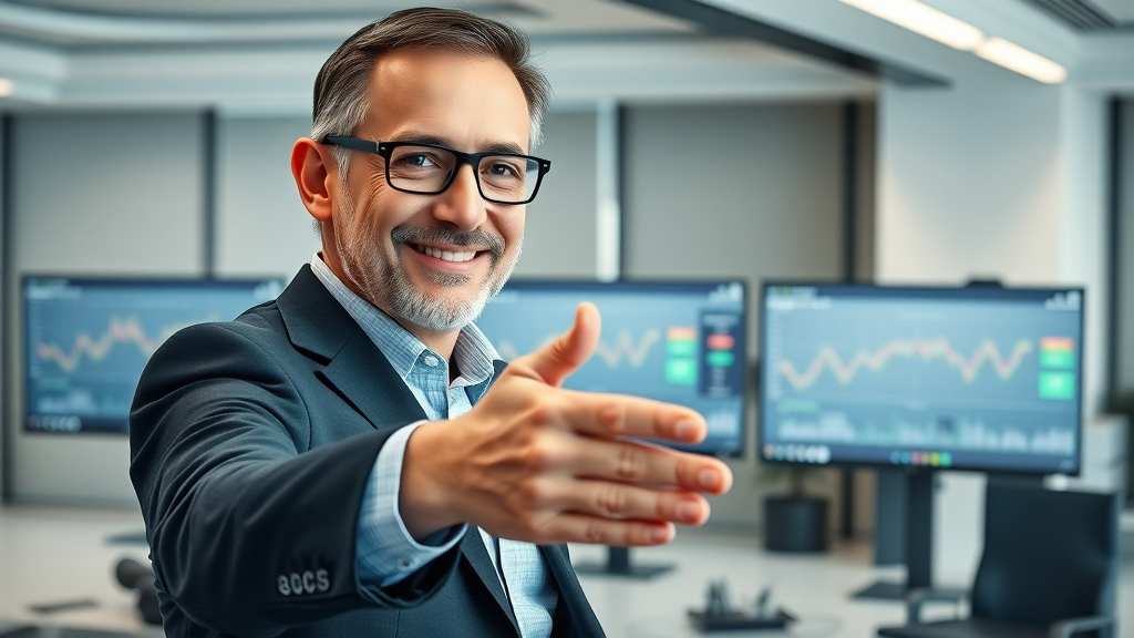 experienced industry consultant offering a handshake during an online video meeting with oil and gas industry data on screens