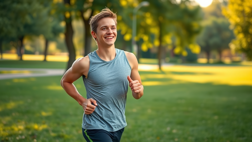 athletic young adult running outdoors, jogging in the park, natural lifestyle, cell regeneration benefits