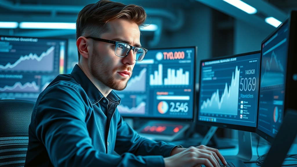 blogger optimizing SEO for blog content creation services, futuristic analytics workspace