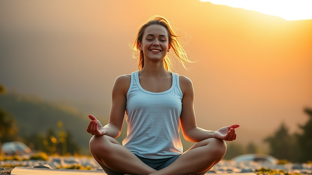 woman meditating sunrise, peaceful, natural cell regeneration, healthy lifestyle, fresh air, yoga mat