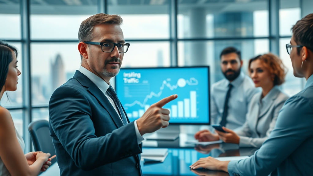 Business leader showing rising analytics to team, highlighting business growth with blog writers