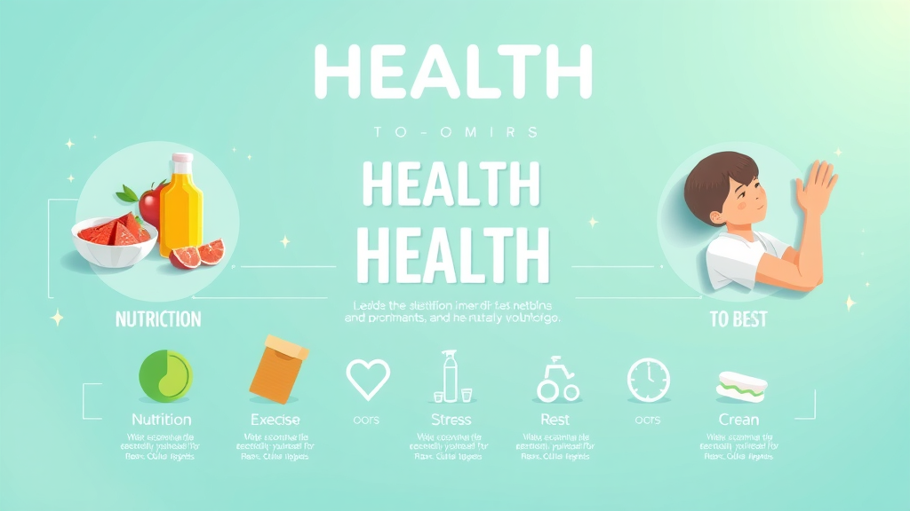 health optimization infographic illustrating nutrition, exercise, rest, and stress management for optimal health