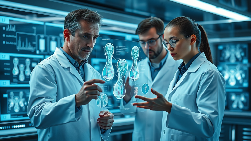scientific team analyzing high-tech cellular repair images, showcasing future of molecular medicine