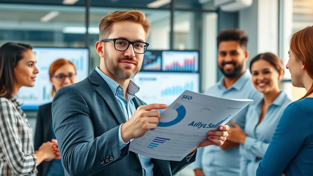 content optimization digital marketing strategist presenting analytics with SEO graphs in office