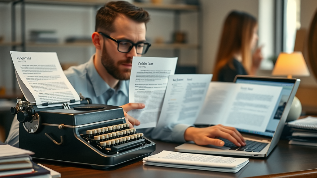 Historical evolution of SEO content writing in blog posts from typewriter to modern laptop