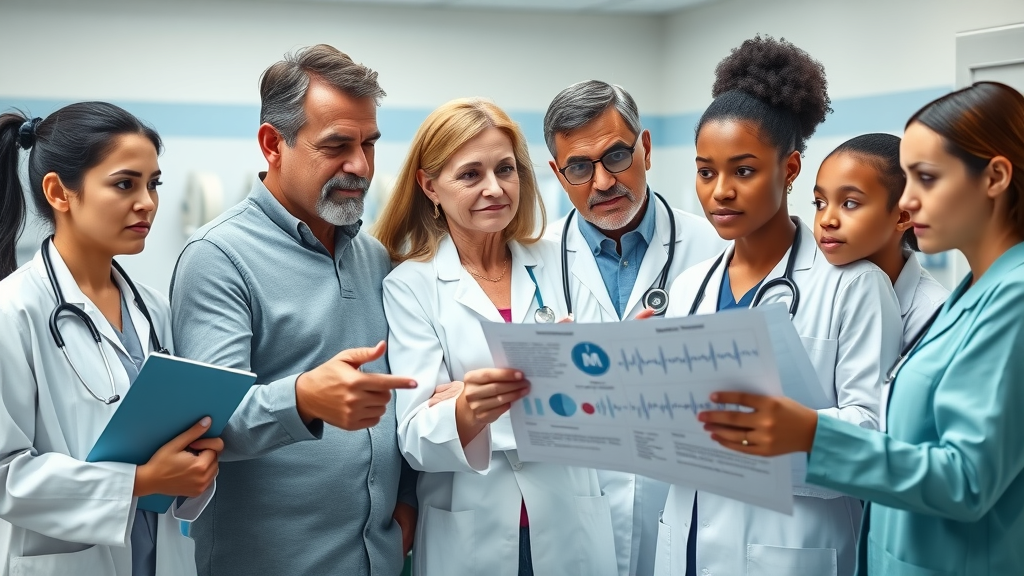 informative infographic showing American family and healthcare professionals concerned about chronic disease, with medical equipment and charts in a clinic setting