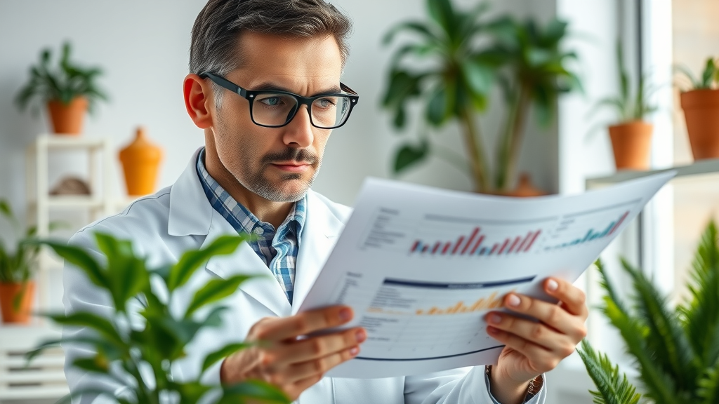 determined researcher analyzing nutritional data charts in a bright lab with potted plants, representing scientific studies on plant-based healing and weight loss