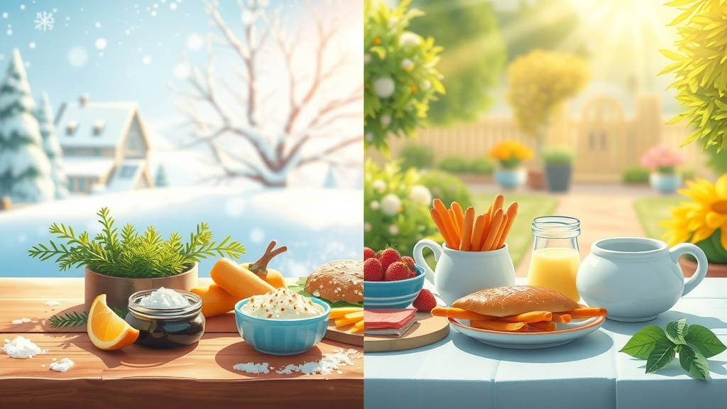 supplements on a seasonal-themed table showing winter and summer elements - organic health supplements natural products supplement trends