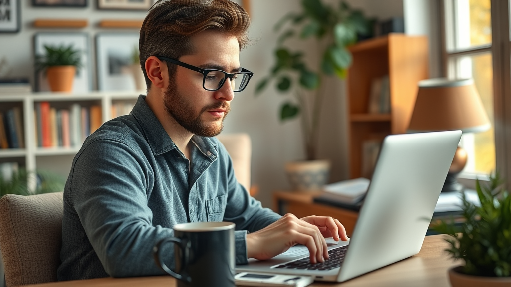 Focused freelance blog writer working at a cozy, creative workspace