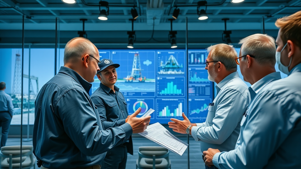 oilfield engineers collaborating over seismic data with digital oil rigs in background, oilfield service professionals reviewing analytics