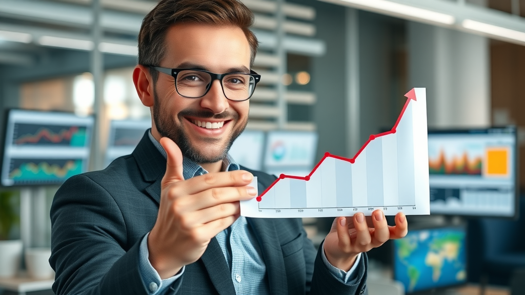 Confident content marketer presenting a growth chart for digital marketing success