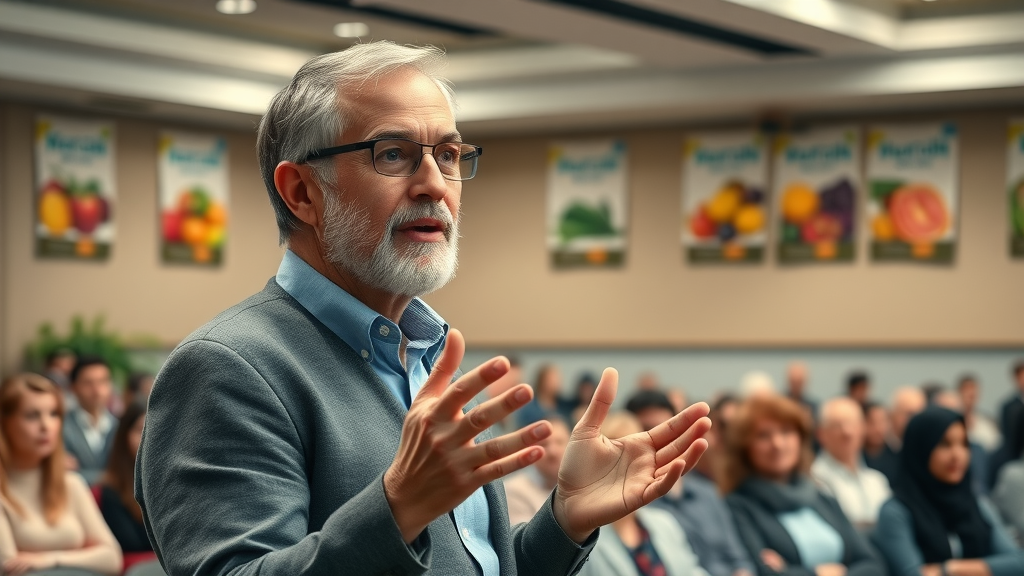 respected nutrition expert presenting at a public health conference, symbolizing the authority of plant-based healing in healthcare