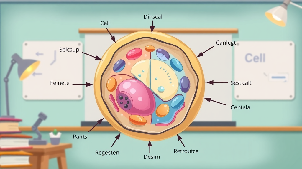 diagram cell structure, cell regeneration steps, stem cells, labeled parts, educational pastel cartoon