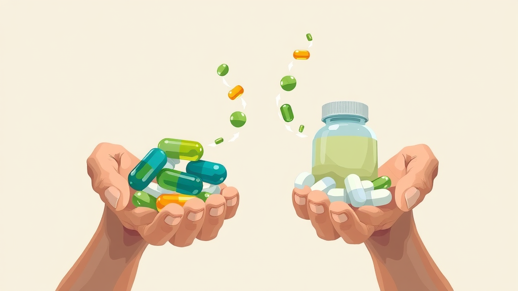 hands holding organic and synthetic dietary supplement pills - organic health supplements dietary supplement synthetic